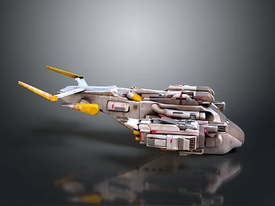 Futuristic 3D Spaceship Model With Yellow Thrusters Gray Body And Mechanical Details 3d model