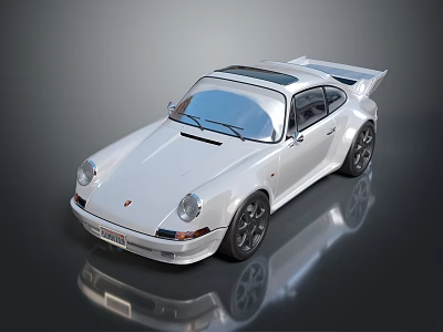 White Classic Porsche Sports Car With Rear Spoiler And Black Shiny Wheels 3d model