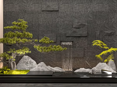 Decorative Natural Landscape With Stone Wall Waterfall Rocks And Green Trees 3d model