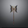Two Handed Double Bladed Axe With Metal Blades Golden Accents And Red Handle