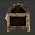 Vintage Wooden Chest with Metal Decorations Ornate Top Ornament and Green Plants Inside Golden Base