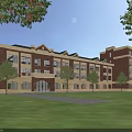 Classical Style School Building With Red Brick Exterior Arched Entrance Multiple Windows And Green Lawn