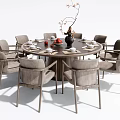 Modern Round Dining Table Set With Upholstered Chairs Tableware And Decorative Vase 3d model