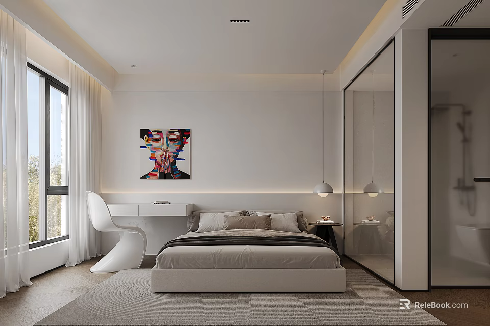 Modern Minimalist Bedroom With Large Bed Beige Bedding White Curved Desk And Colorful Painting 3d model 