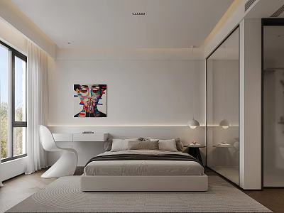 Modern Minimalist Bedroom With Large Bed Beige Bedding White Curved Desk And Colorful Painting 3d model
