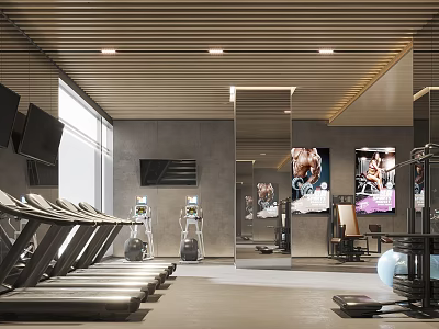 Modern Gym Interior With Treadmills Fitness Equipment Mirrors Posters And Windows 3d model
