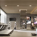 Modern Gym Interior With Treadmills Fitness Equipment Mirrors Posters And Windows