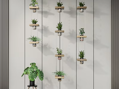 Stylish Hanging Planters With Green Plants For Indoor Wall Decoration 3d model