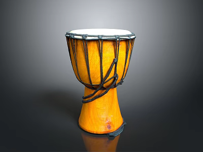 Handcrafted Yellow Household Decorative Drum With White Drumhead Black Ropes And Wooden Base 3d model