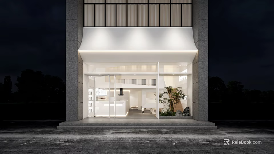 Modern Bubble Tea Shop With Large Glass Windows White Awning And Indoor Seating Area 3d model 