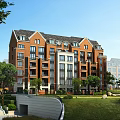 Detached Villa with Red Brick Exterior Multi Story Design and Landscaped Garden Lawn Trees