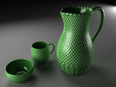 Green Honeycomb Textured Cup With Matching Pitcher And Bowl On Gray Table 3d model
