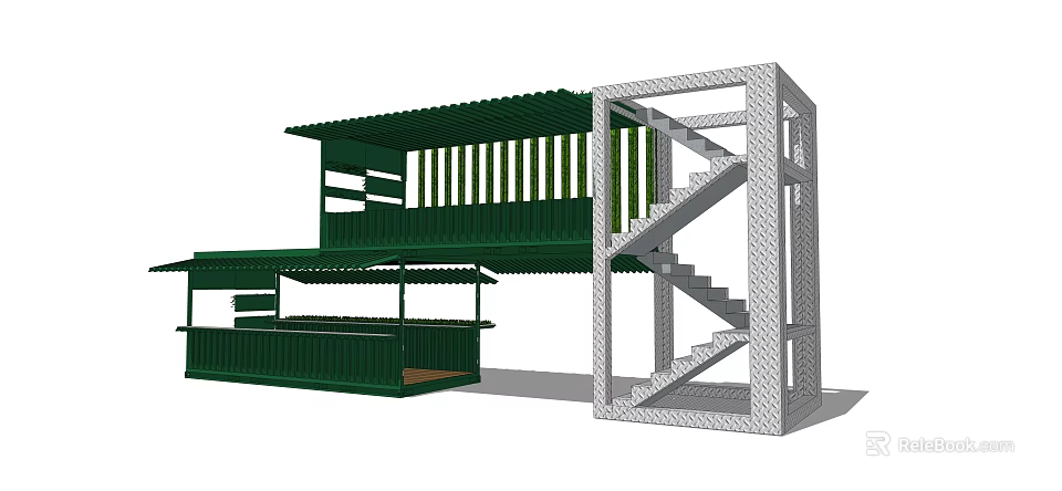 Green Container Building With Open Structure And Exterior Staircase Design 3d model 