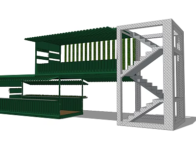 Green Container Building With Open Structure And Exterior Staircase Design 3d model