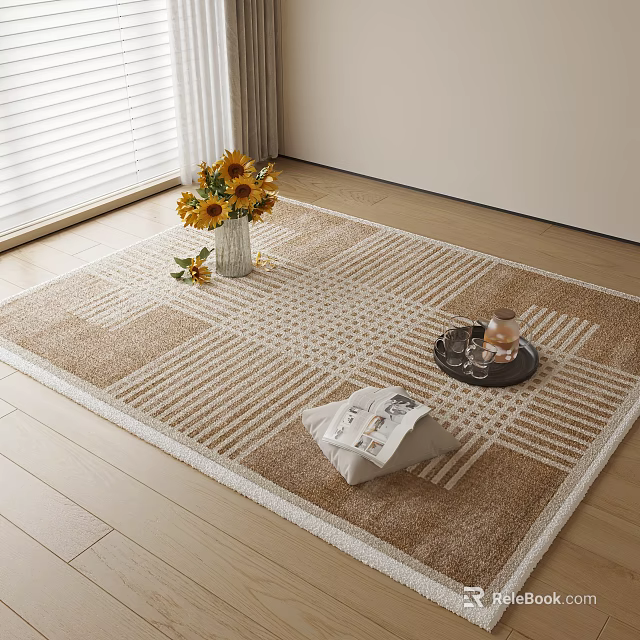 Brown And Beige Striped Square Rug With Sunflower Vase Tray And Magazine On Wooden Floor 3d model 