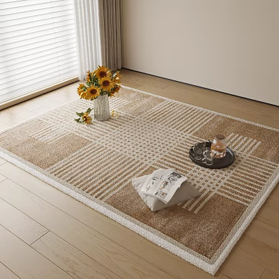 Brown And Beige Striped Square Rug With Sunflower Vase Tray And Magazine On Wooden Floor 3d model