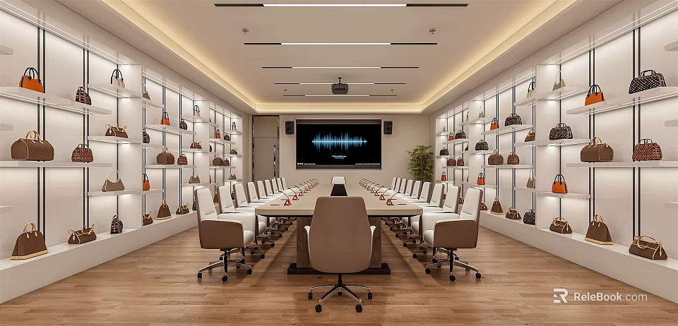 Modern Conference Room With Long Table Chairs Large Screen And Decorative Shelves 3d model 