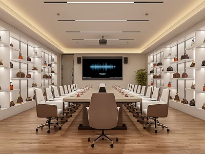 Modern Conference Room With Long Table Chairs Large Screen And Decorative Shelves 3d model