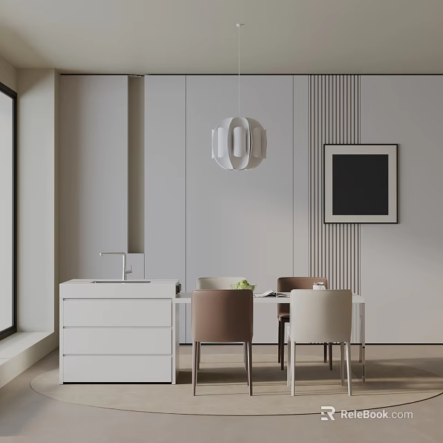 Modern Dining Table Set With White Sideboard Brown Beige Chairs Pendant Light And Decorative Painting 3d model 