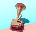 Vintage Wooden Phonograph With Horn Speaker And Turntable On Colorful Background