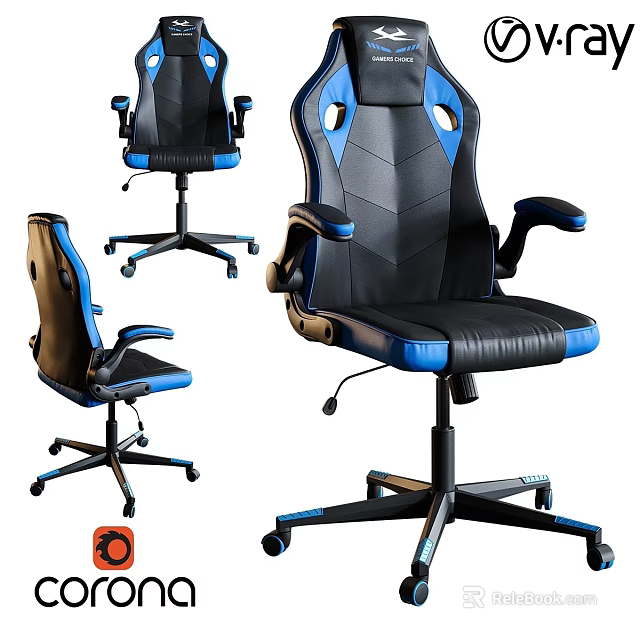 Ergonomic Black Blue Leather Gaming Chair With Adjustable Armrests And Swivel Wheels 3d model 
