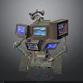 Retro Robot Made With Multiple Vintage TV Screens Tracked Base And Antenna