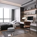 Modern Bedroom with Bed White Wardrobe Desk Bookshelf Computer and Decorations
