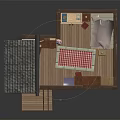 Japanese Style Interior Room with Tatami Area Wooden Desk Cabinet Bookshelf and Steps