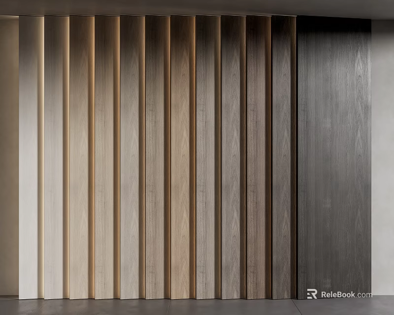 Modern Wooden Wall Paneling Design With Vertical Slats And Various Textured Tones 3d model 