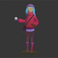 Colorful Cartoon Character With Turquoise Hair Purple Hat Red Hoodie Holding White Ball Shoulder Bag