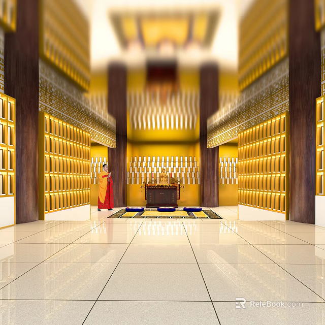 Religious Faith Worship Hall with Golden Arranged Niches Altar Table Traditional Clothing Person and Columns 3d model 
