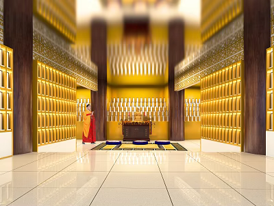 Religious Faith Worship Hall with Golden Arranged Niches Altar Table Traditional Clothing Person and Columns 3d model