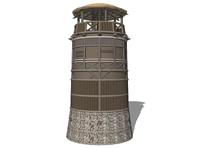 Wooden Observation Tower With Stone Base And Circular Pavilion Top Structure 3d model