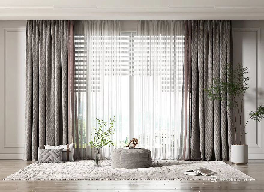 Modern Gray Curtains with Sheer Layers for Large Windows with Green Plants and Soft Rug 3d model 