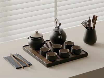 Traditional Japanese Tea Set With Teapot Cups Tray Chopsticks And Tools 3d model