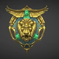 Ornate Weapon Badge With Golden Frame Detailed Lion Head Green Gemstones And Decorative Wings