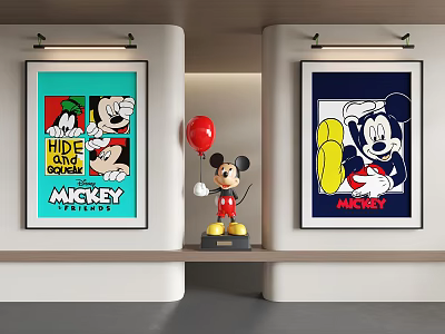 Colorful Abstract Paintings Featuring Mickey Mouse With Red Balloon And Statue 3d model