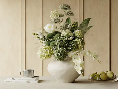 White Ceramic Vase with Fresh Mixed Flowers and Green Leaves on Wooden Table 3d model
