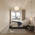 Modern Bedroom Interior With Upholstered Headboard Window City View Round Pendant Light And Hanging Lamp