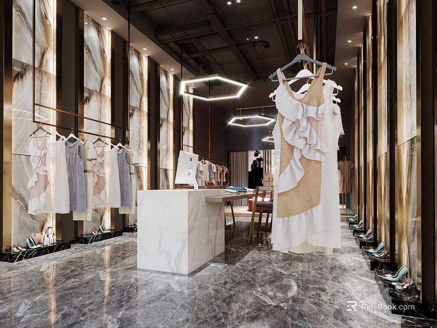 Modern Clothing Store With Marble Walls Floors Dresses On Hangers And Counter 3d model 