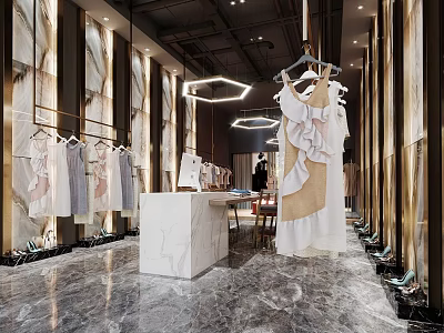 Modern Clothing Store With Marble Walls Floors Dresses On Hangers And Counter 3d model
