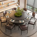 Round Dining Table Set With Leather Chairs Green Plant Centerpiece And Tableware In Modern Interior
