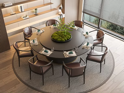 Round Dining Table Set With Leather Chairs Green Plant Centerpiece And Tableware In Modern Interior 3d model