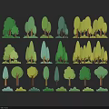 Various Cartoon Style Trees With Green Yellow Leaves And Different Forms 3d model