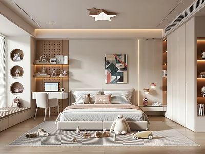 Cozy Kids Room Design With Bed Pillows Toys Desk And Star Ceiling Light 3d model