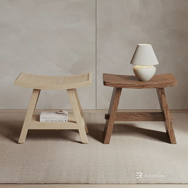 Light and Dark Wooden Sofa Stools in Minimalist Indoor Space with Lamp and Books 3d model 