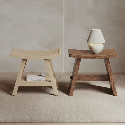 Light and Dark Wooden Sofa Stools in Minimalist Indoor Space with Lamp and Books 3d model