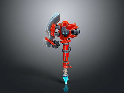 Red Action Robot Figure With Axe Blue Accents And Jet Propulsion Base 3d model