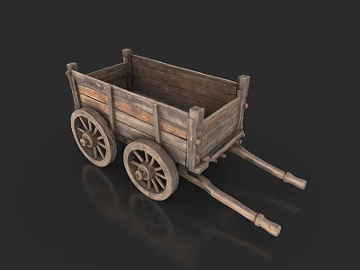 Ancient Wooden Cart With Two Wheels And Rustic Wooden Structure 3d model