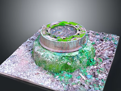 Moss Covered Round Manhole Cover With Square Concrete Base And Gravel 3d model